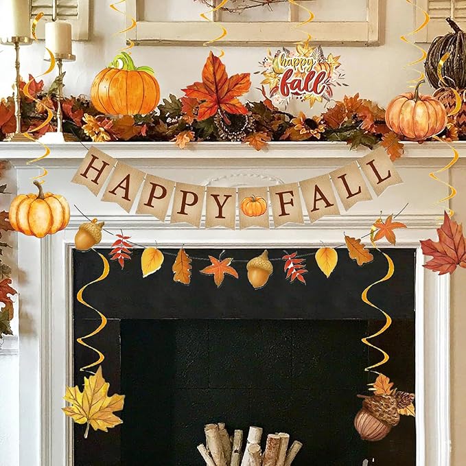 Fall Party Decorations/Happy Fall Banner with Maple Leaves Garland Fall Thanksgiving Day Decorations with Hanging Leaf Swirls, Maple Leaf Garland, Pumpkin Acorn Autumn Theme Party Decor Bunting