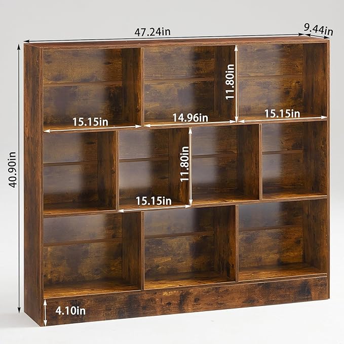 LEYAOYAO 10 Cube Bookshelf with Base,3 Tier Mid-Century Modern Grey Bookcase,Standing Wide Bookshelves Storage Organizer Shelf,Rustic Wood Display Cabinet Book Shelves for Bedroom,Living Room,Office