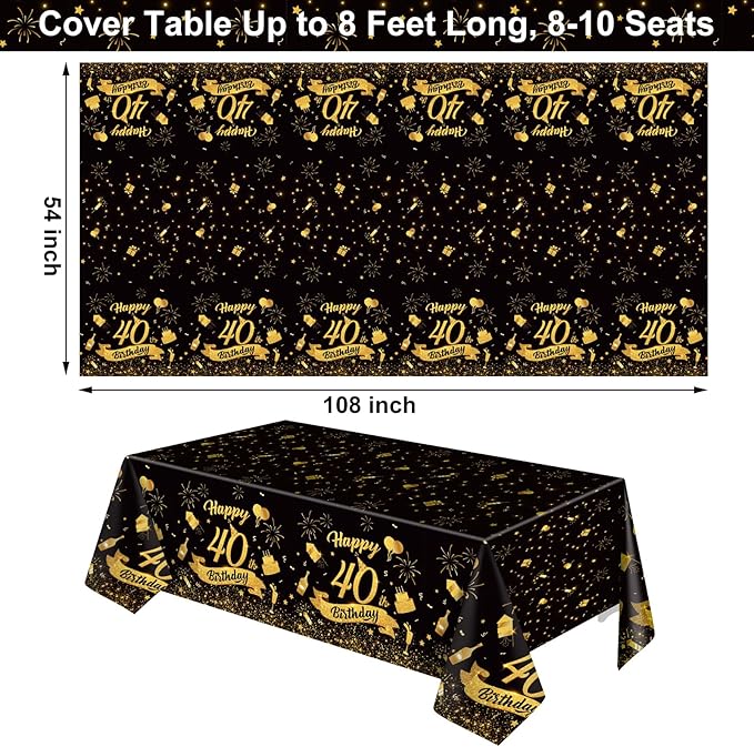 3 Pack 40th Birthday Plastic Black Gold Table Cloths, Rectangular 54x108 Table Cover for Birthday Party Decorations