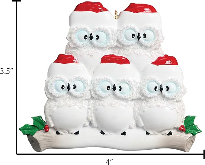3D Owl Family of 5 Christmas Ornament 2025 Personalized Family Christmas Ornaments 2025 | White Holiday Keepsake Personalized Tree Ornaments Customizable Gifts Woodland Owls of Five Ornament Holly