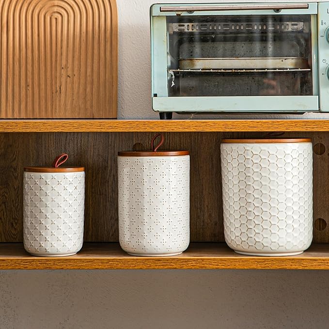 JOJUNO White Ceramic Canister Set with Wooden Lids – 3-Piece Airtight Food Storage Jars for Kitchen, Embossed Design, Small/Medium/Large Sizes (30/48/82 oz) – Flour, Sugar, Coffee, Tea Containers