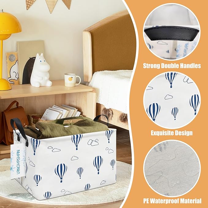 LANGYASHAN Rectangular Storage Bin Collapse Canvas Fabric Cartoon Storage Basket with Handles for Organizing Home Kitchen Boys and Girls Toys Office Closet Shelf Baskets (Rec Blue Balloon)