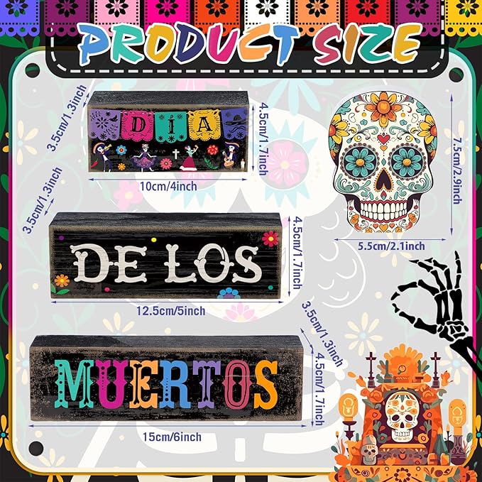 4 Pcs Day of The Dead Table Decorations Day of The Dead Centerpiece for Table Dia De Los Muertos Tiered Tray Decor Wood Sugar Skull Block Signs for Halloween Party Home Shelf Decoration