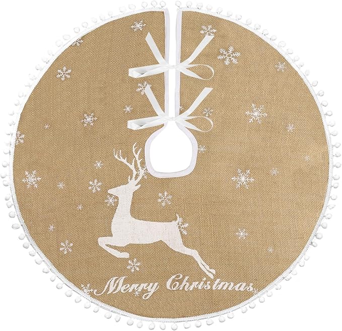 48 Inch Christmas Tree Skirt, Burlap Linen Color Christmas Rustic Tree Skirt with Elk Deer and White Snowflake Printed for Holiday Party Xmas Tree Decoration