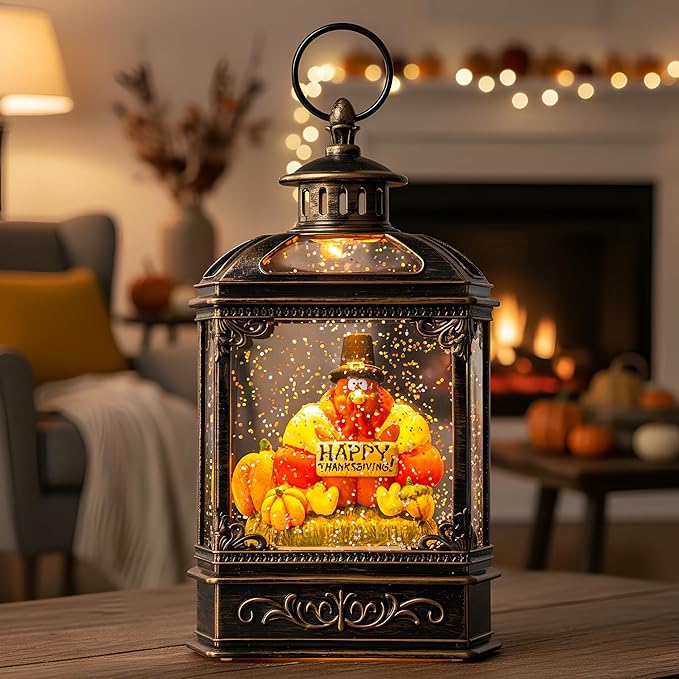 Fall Snow Globe Lantern -Thanksgiving Turkey with Pumpkins Spinning Water Lantern with Swirling Glitter Fall Decorations for Home, Thanksgiving, Autumn Harvest Fall Decor