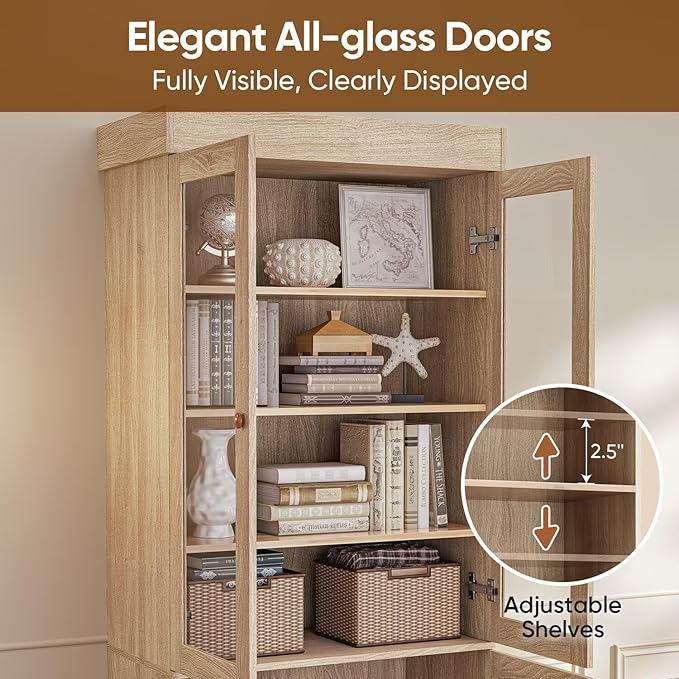 Vyre 71" Tall Farmhouse Bookshelves with Glass Doors and Drawers, Set of 4 – Large Modular Bookcase with Adjustable Shelves, Storage Cabinet for Living Room, Kitchen, Brown