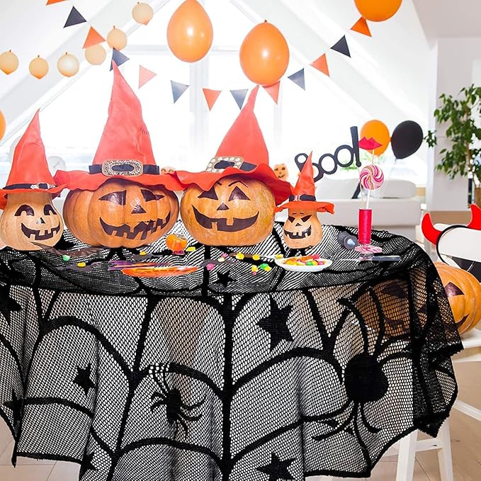 Halloween Tablecloth Round,Black Spider Web Lace Table Cloth, Gothic Kitchen Decor, Fall-Themed Party Decorations, Spider Web Reusable Home Accent, 40 Inches