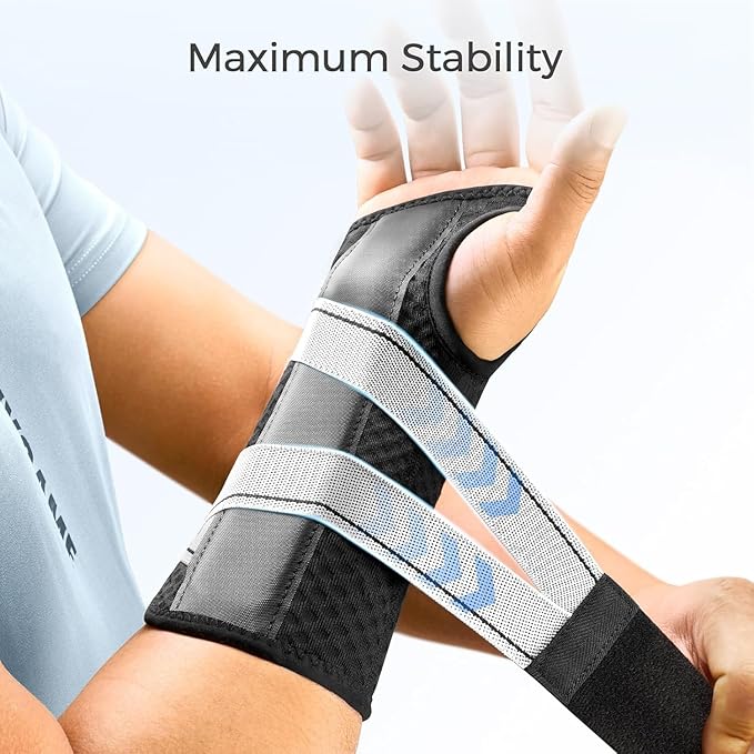 FREETOO Carpal Tunnel Wrist Brace Night Support Fit Right Hand for Work, Pain Relief Wrist Splint for Tendonitis, Arthritis, Sprain, Fit Women and Men, Wrist Immobilizer for Sleeping (XS, Black/Grey)