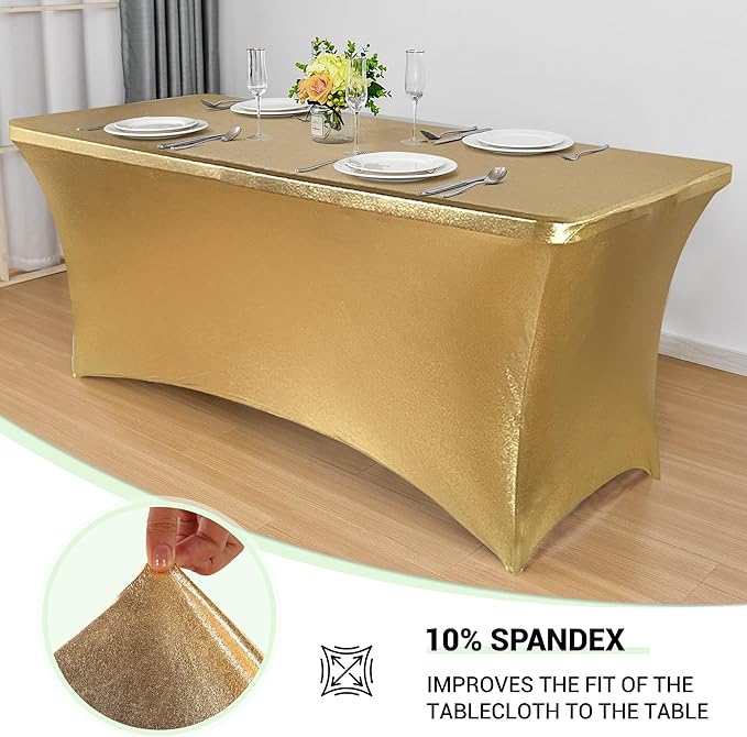 Obstal 6ft Stretch Spandex Table Cover for Standard Folding Tables - Universal Rectangular Fitted Tablecloth Protector for Wedding, Banquet and Party, 72L x 30W x 30H Inches, Stamping Gold, 2pc