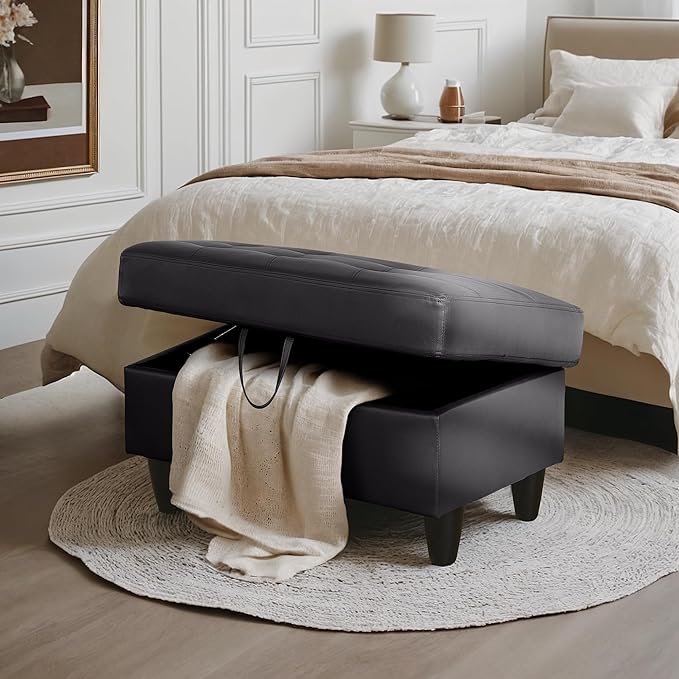 Ottoman Rectangular Storage Ottoman Bench, Faux Leather Footrest, Coffee Table, Stool Footstool with Hinged Lid for Living Room, Bedroom, Entryway, Black, 35"x23.5"x17.5"