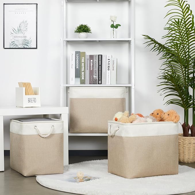 Bidtakay Extra Large Storage Baskets for Organizing 17x12x15.1 inch 3-Pack Fabric Closet Organizers Storage Bins with Handles Foldable Storage Baskets for Shelves Clothes XL-White&Beige