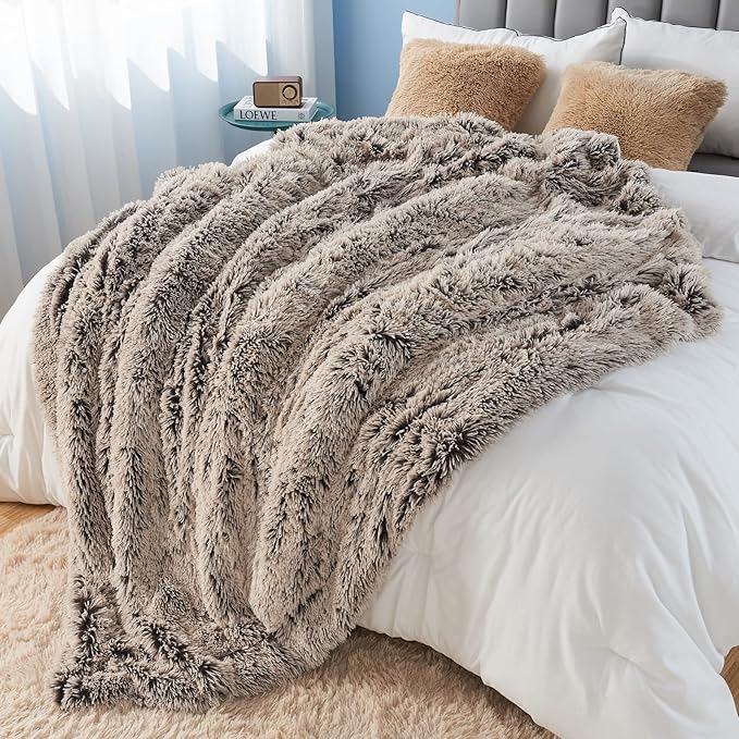 GONAAP Fuzzy Faux Fur Throw Blanket Twin Size Frosty Brown Super Soft Cozy Plush Fuzzy Shaggy Blanket for Couch Sofa Bed (Frosty Brown, Twin(60"x80"))