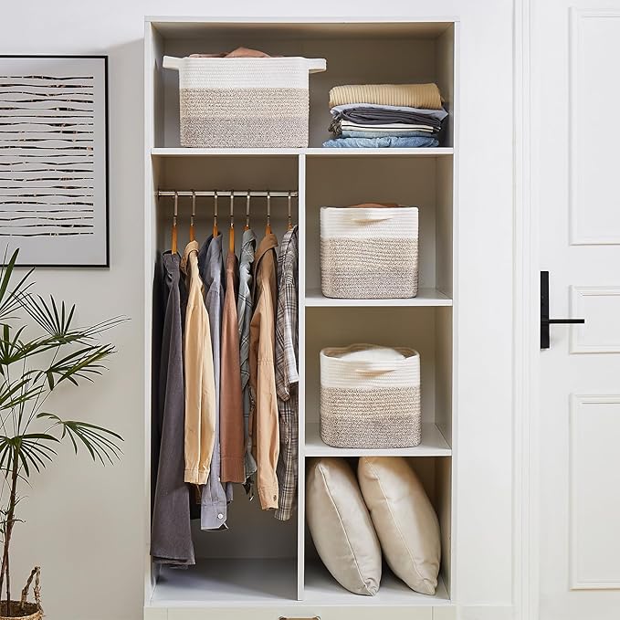 OIAHOMY Woven Storage Basket, Cotton Rope Baskets for Toys,Towel, Clothes, Used to Bathroom,Living Room,Nursery,Bedroom, 16"x12"x10"- Pack of 3, Gradient Yellow