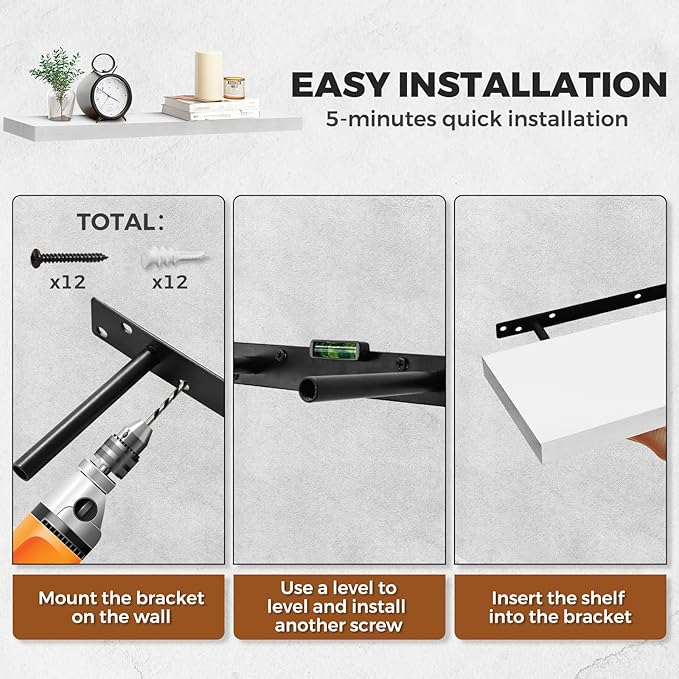 Floating Wall Shelves - 16"x6.8"x1.2" Sturdy Rustic White Solid Wood Shelves for Storage and Décor, Easy Installation for Living Room, Bedroom, and Kitchen - 2 Pack