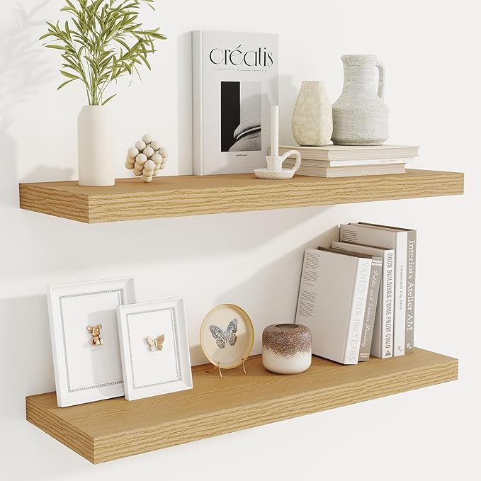 Fun Memories Floating Shelves for Wall, 30 Inch Rustic Wood Wall Mounted Shelves for Bathroom, Bedroom, Kitchen, Living Room, Deep Floating Shelves for Storage & Home Decor (Oak, Set of 2)
