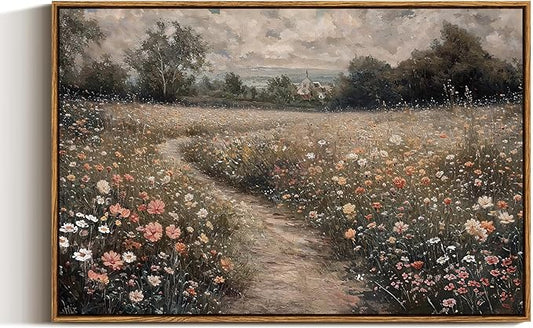 VIYYIEA Framed Canvas Wall Art Home Decor Vintage Large Landscape Country Wildflower Paintings Farmhouse Pictures Floral Artwork Rustic Flower Prints Cottagecore Living Room Bedroom Bathroom 20x30in