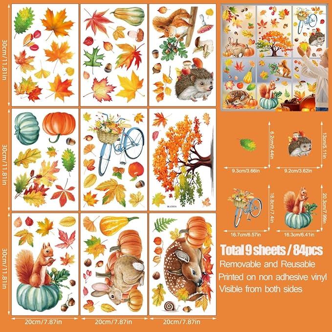 Fall Window Clings 9 Sheets Large-Size Window Clings for Glass Windo Decoration Autumn Leaves Animals Woodland Home Bedroom Nursery Room Windo Decals