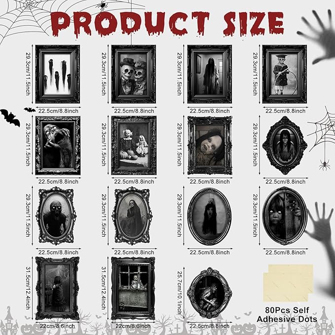 15 Halloween Gothic Creepy Skull Photos Haunted Horror Picture Frame, Waterproof Durable, with 80pcs Self Adhesive Dots Photo Decoration For Haunted Family Castle Masquerade Party 2025 Black
