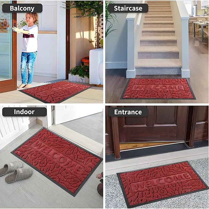 Yimobra Welcome Mat Outdoor Indoor, 29.5x17 Waterproof Door Mat Outside Entrance, All-Weather Non Slip Doormat, Low-Profile Front Door Mat, Porch and Patio Entryway Mat, Wine Red