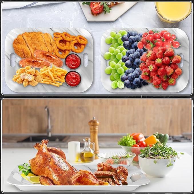 gisgfim 2Pcs Marble Serving Trays with Handles 16 x 11 Inch Large Melamine Tray Rectangular White Marble Serving Platter Grey Tray Melamine Dishes for Serving Food Outdoor Dinner Dessert Plates Party