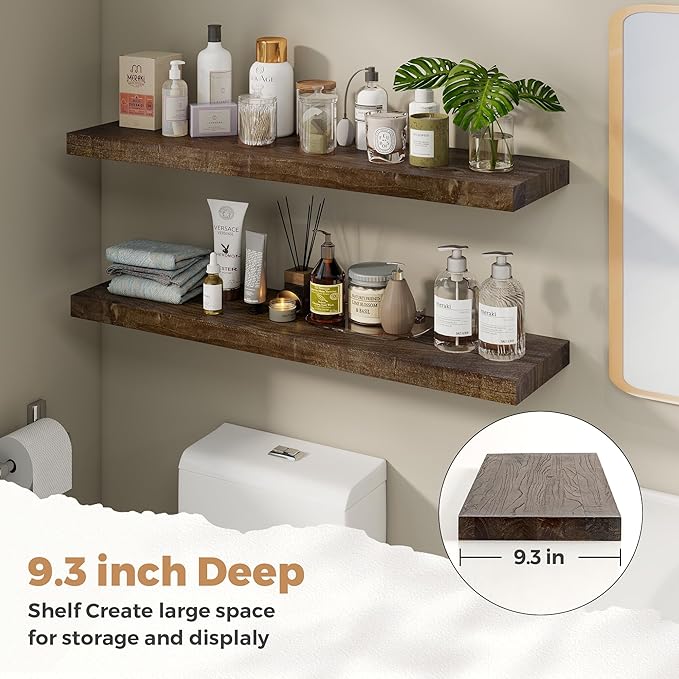 RICHFOCUS Elm Floating Shelves for Wall - 40" W x 9.3" D Rustic Solid Wood Shelves with Invisible Bracket, Wall-Mounted for Living Room, Bedroom, Kitchen Storage & Display, Set of 2, Walnut