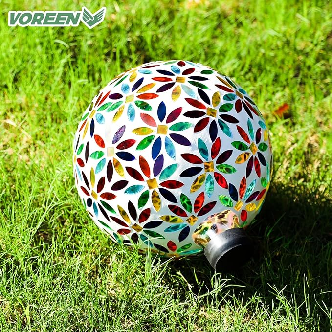 VOREEN Mosaic Glass Gazing Ball Outdoor Gazing Globe, Reflective Ball Yard Decoration for Homes, Patio, Lawn and Gardens, Gift for Mom Wife Friend, 10-Inch, Multi Colored Flowers Design