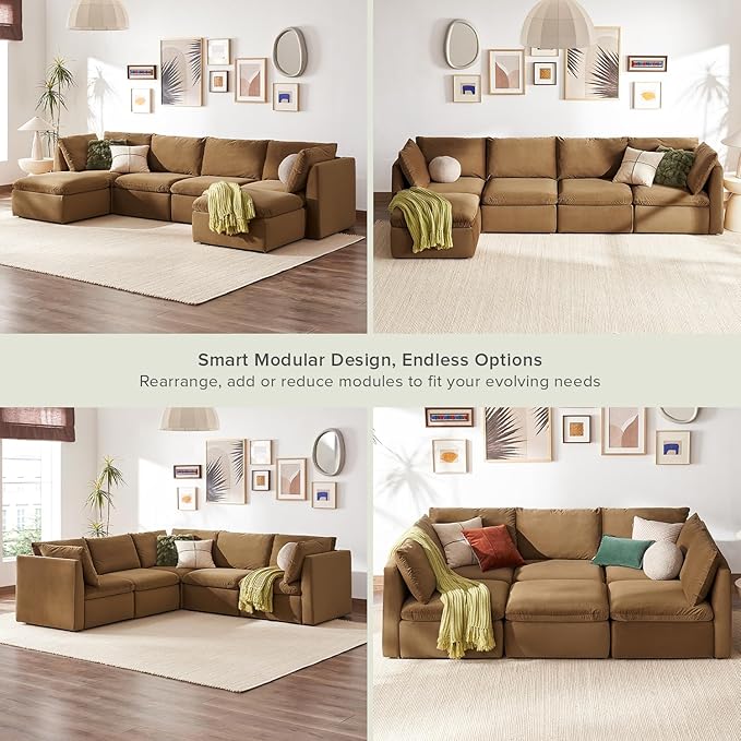 mopio Oversized Modular Sectional Sofa with Fully Removable Covers and Storage, Convertible U, L-Shaped and Sleeper Sectional, Modern Couches with Ottoman Chaise (Hazelnut Velvet, 6 Seats, U)