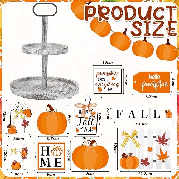 21 Fall Tiered Tray Decor with Two Tiered Tray Fall Table Decor Maple Leaf Pumpkin Signs Thanksgiving Fall Decor Autumn Harvest Decorative Trays Wooden Tabletop Signs for Home Kitchen