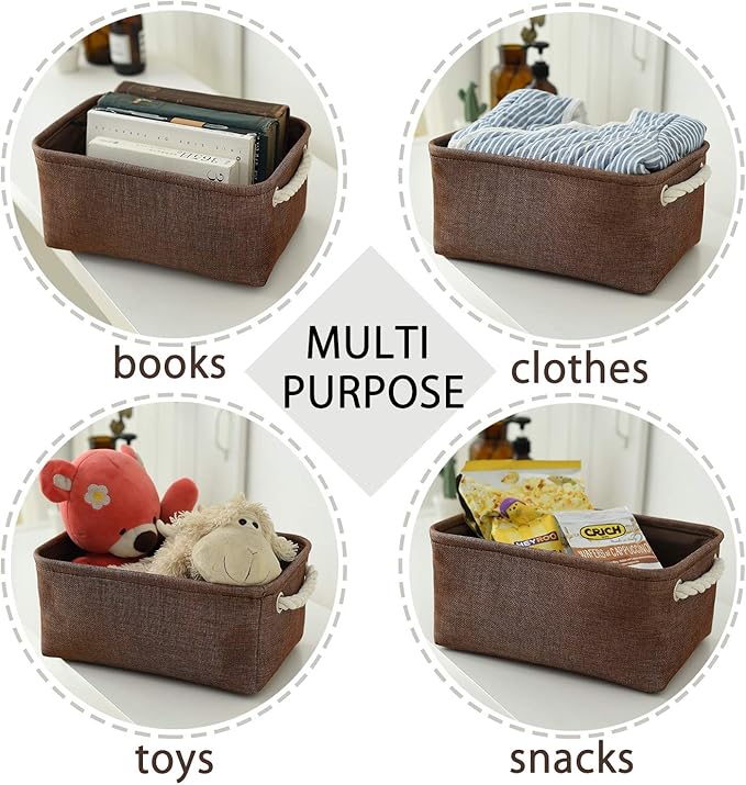TheWarmHome Small Fabric Canvas Storage Bin with Cotton Rope Handles - Foldable Empty Basket for Gift (Brown-1 Pack,11.8L7.9W5.2H inch)