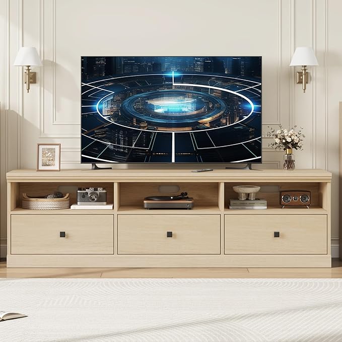 IDEALHOUSE 70in TV Stand for TVs up to 80", Mid Century Modern Entertainment Center with Storage Drawer and Open Shelves, TV Console Media Cabinet for Living Room, Bedroom (Light Oak)