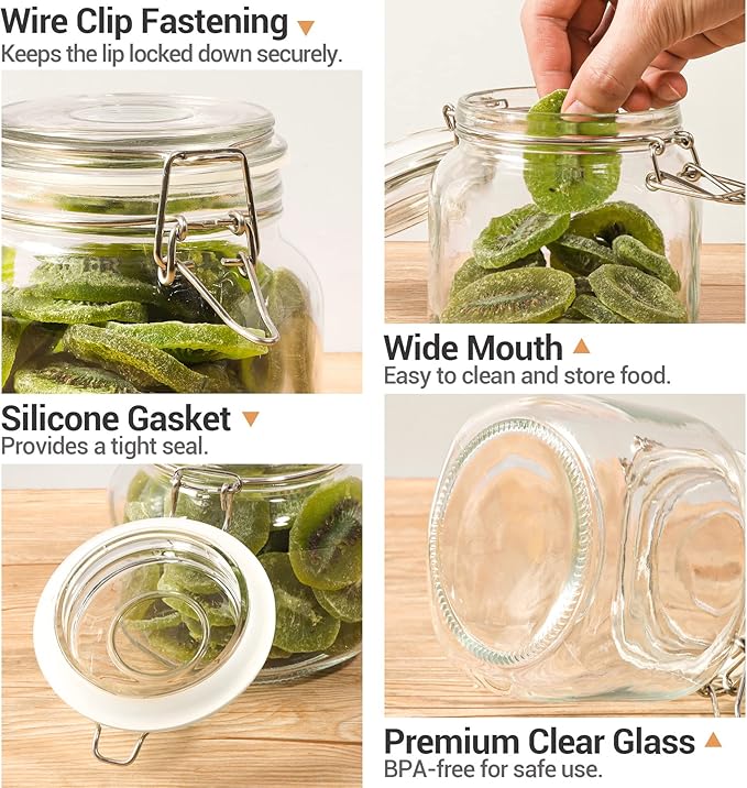ComSaf Airtight Glass Canister Set of 3 with Lids 34oz Food Storage Jar Square - Storage Container with Clear Preserving Seal Wire Clip Fastening for Kitchen Canning Cereal,Pasta,Sugar,Beans,Spice