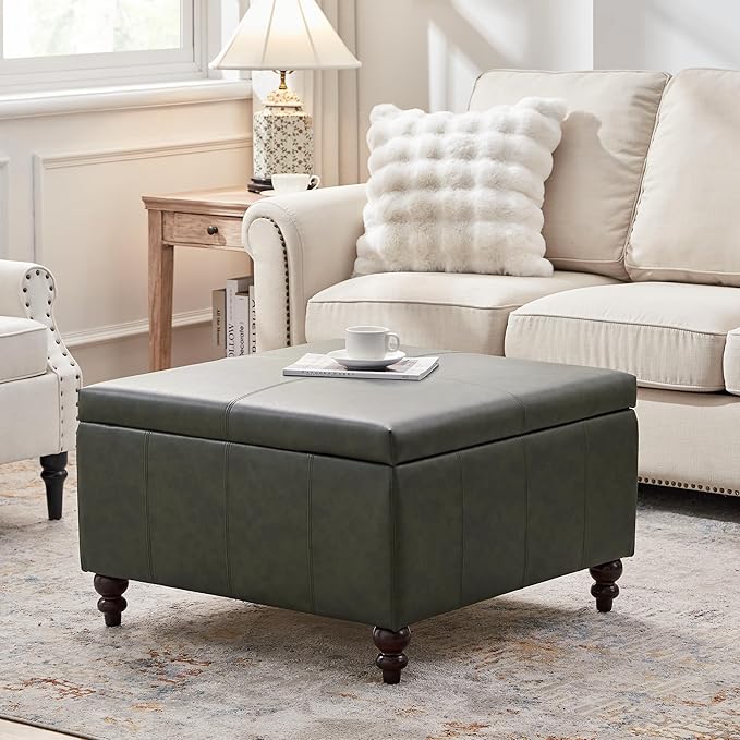 HUIMO Square Leather Storage Ottoman,Ottoman Coffee Table with Storage for Living Room (Vintagegreen)