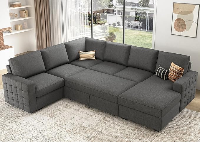 HONBAY Sectional Sleeper Sofa with Pull Out Bed U-Shape Sectional Couch Sleeper Bed with Storage Chaise 6 Seater, Light Grey