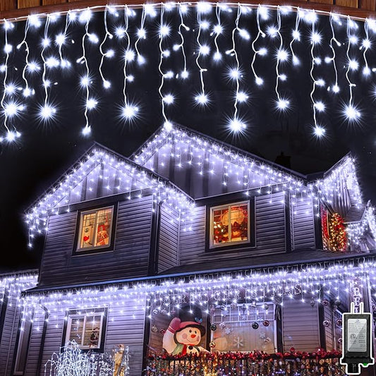 1296LED Christmas Lights with 288 Drops, 131ft 8 Modes Christmas String Lights Outdoor, Waterproof Christmas Decorations Fairy Lights with Timer Memory for Xmas Party Patio Fence Tree Cool White