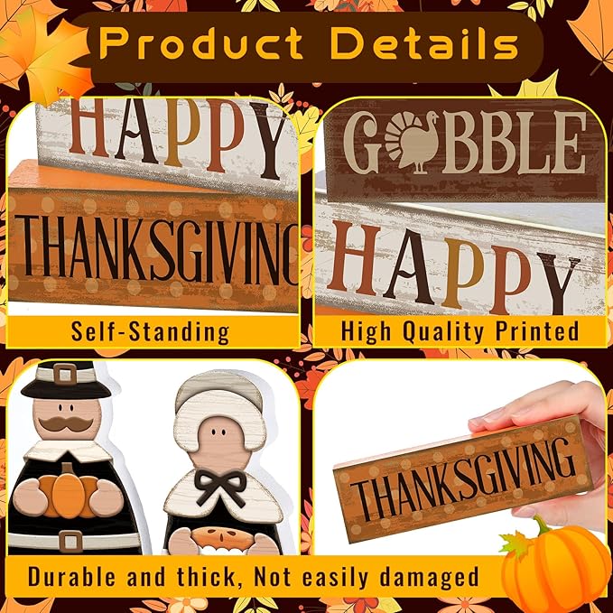 4 Pcs Fall Decoration for Home Wooden Pilgrim Couple Thanksgiving Tiered Tray Decor Fall Centerpiece Rustic Decorative Pilgrim Block Sign Gift Farmhouse Autumn Table Decor for Home Kitchen