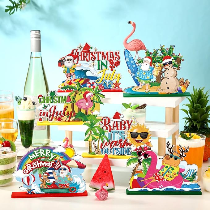 6 Pcs Summer Christmas in July Wooden Table Decoration July Summer Table Centerpiece Sets Decor Christmas Party Supplies Santa Flamingo Palm Tree Beach Party Table Decorations Holiday Xmas Supplies