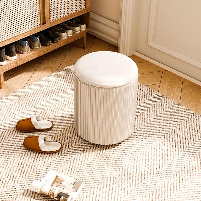 Ottoman with Storage Set of 2, Velvet Storage Ottoman, Upholstered Sponge Vanity Stool Support 300lbs, Multifunctional Coffee Table Foot Rest Ottomans for Living Room Bedroom, Beige