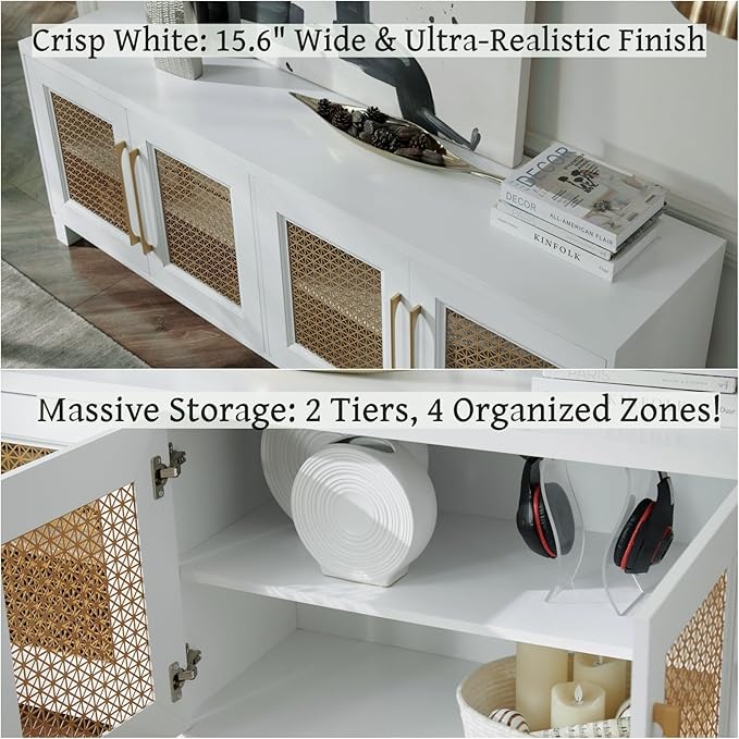 JYED Mid Century Modern TV Stand for TVs up to 75", 69.5" W White Entertainment Center with 4 Gold Metal Mesh Doors - Wood Grain MDF TV Console, Media Storage