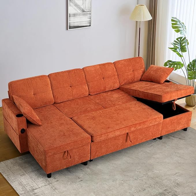 ACMEASE110“ Inches L-Shaped Pull Out Sofa Bed w/Storage Chaise & Adjustable Back, Chenille Sectional Sofa w/USB Port,Tufted Sleeper Couch w/Cup Holders for Living Room, Orange