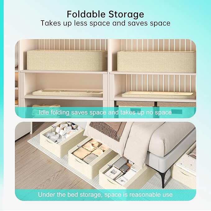 3PCS Under Bed Storage Bins with Metal Frame, Linen Fabric Frame Storage Box Clothes Organizer Bins, Underbed Container with Clear Window (Beige, 15.7 x 13 x 6IN)