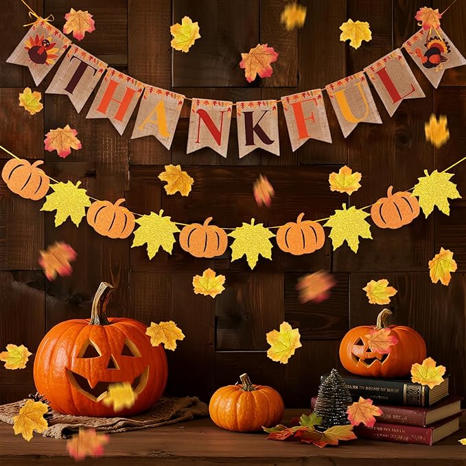 Fall Party Decorations, with Pre-strung Thankful Burlap Banner and Maple Leaf Confetti for Autumn Thanksgiving Home Decorations