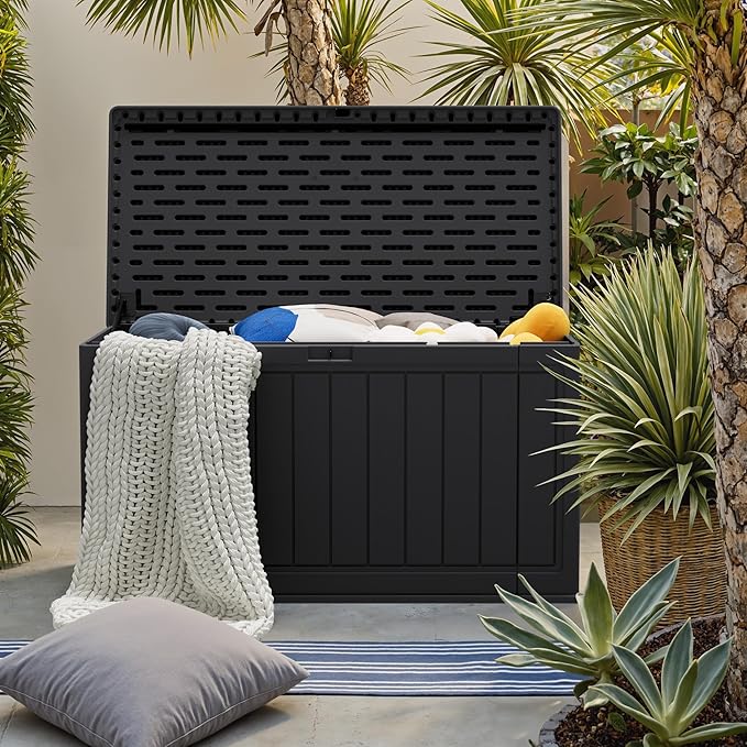 JUMMICO 160 Gallon Resin Outdoor Storage Deck Box with Divider, Waterproof Storage Box&Bench with Lockable Lid for Garden Tools, Pools Supplies (Black)
