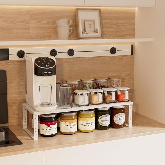 Expandable Spice Rack,Stackable Storage for Cabinet, Multi-Functional Kitchen Shelving,Height-Adjustable,Sustainable Organizer Solution(1Pack/White/Large)