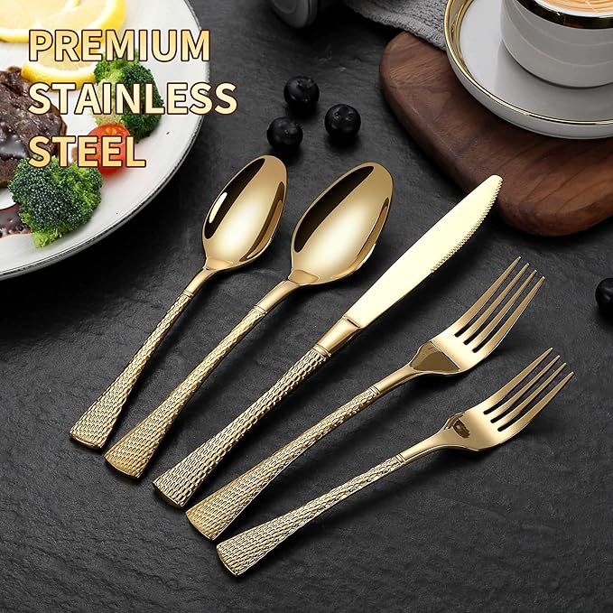Hammered Gold Silverware Set for 8,Stainless Steel 40-Piece Modern Cutlery Set,Mirror Polished Heavy Duty Flatware Set Utensil Set,Knives Spoons and Forks Set,Dishwasher Safe