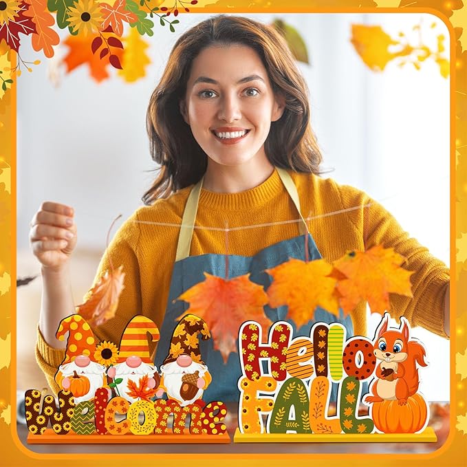 6 Pcs Fall Decorations for Home Fall Table Centerpiece Hello Autumn Wooden Table Sign Pumpkin Gnome Truck Gnome Wood Tabletop Decor Autumn Harvest Party Decorations for Home, 6 Styles