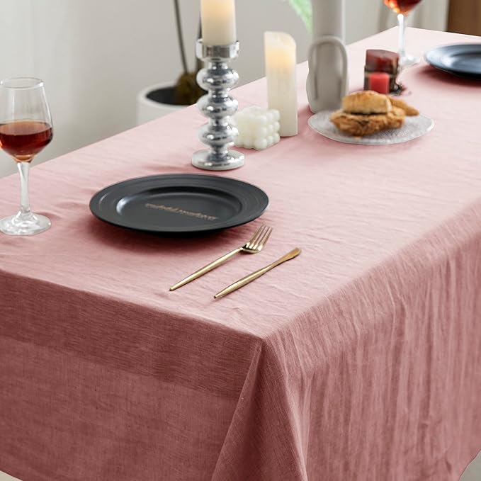 EVERLY 100% Pure Linen Rectangle Tablecloths 60x84Inches for Dining,Buffet Parties,Picnic,Events,Weddings and Restaurants,Decorative Halloween,Thanksgiving Machine Washable Tablecloths-Muddy Pink