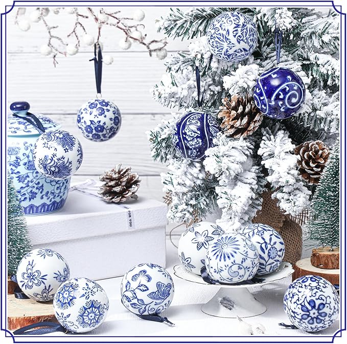 Cindeer 12 Pcs Blue and White Christmas Porcelain Balls 2.4 Inch Porcelain Chinoiserie Ornament Bulk Christmas Ceramic Hanging Decorative for Tree Home Xmas Party (Elegant Style)