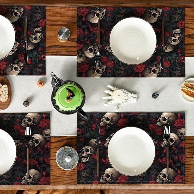 Halloween Skull Rose Placemats, Washable Heat Resistant 12×18 Inch Table Mats Floral Place Mats for Party Outdoor Decoration Kitchen Dining Décor