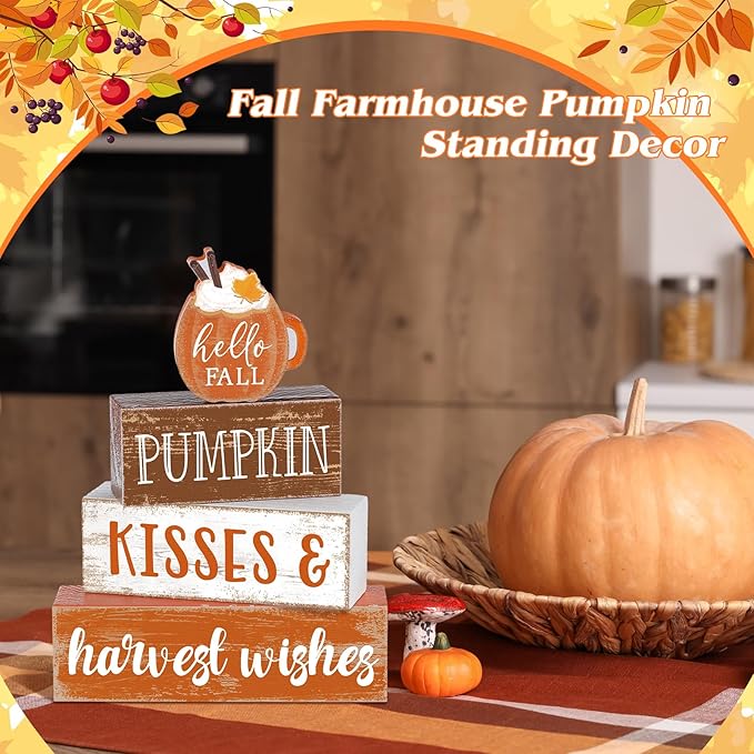 4 Pcs Fall Decor for Home Hello Fall Wooden Signs with Sayings Autumn Thanksgiving Tiered Tray Decor Pumpkin Ice Cream Tabletop Centerpiece Harvest Wishes Block Signs for Office Kitchen Shelf