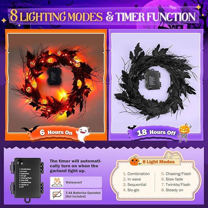 Halloween Lighted Willow Vine Twig Decoration, 6.56 FT Light up Garland Battery Operated with Orange LED Lights, 8 Modes and Timer, 12 Pumpkin and Ghost Ornaments, 4 Adhesive Hooks